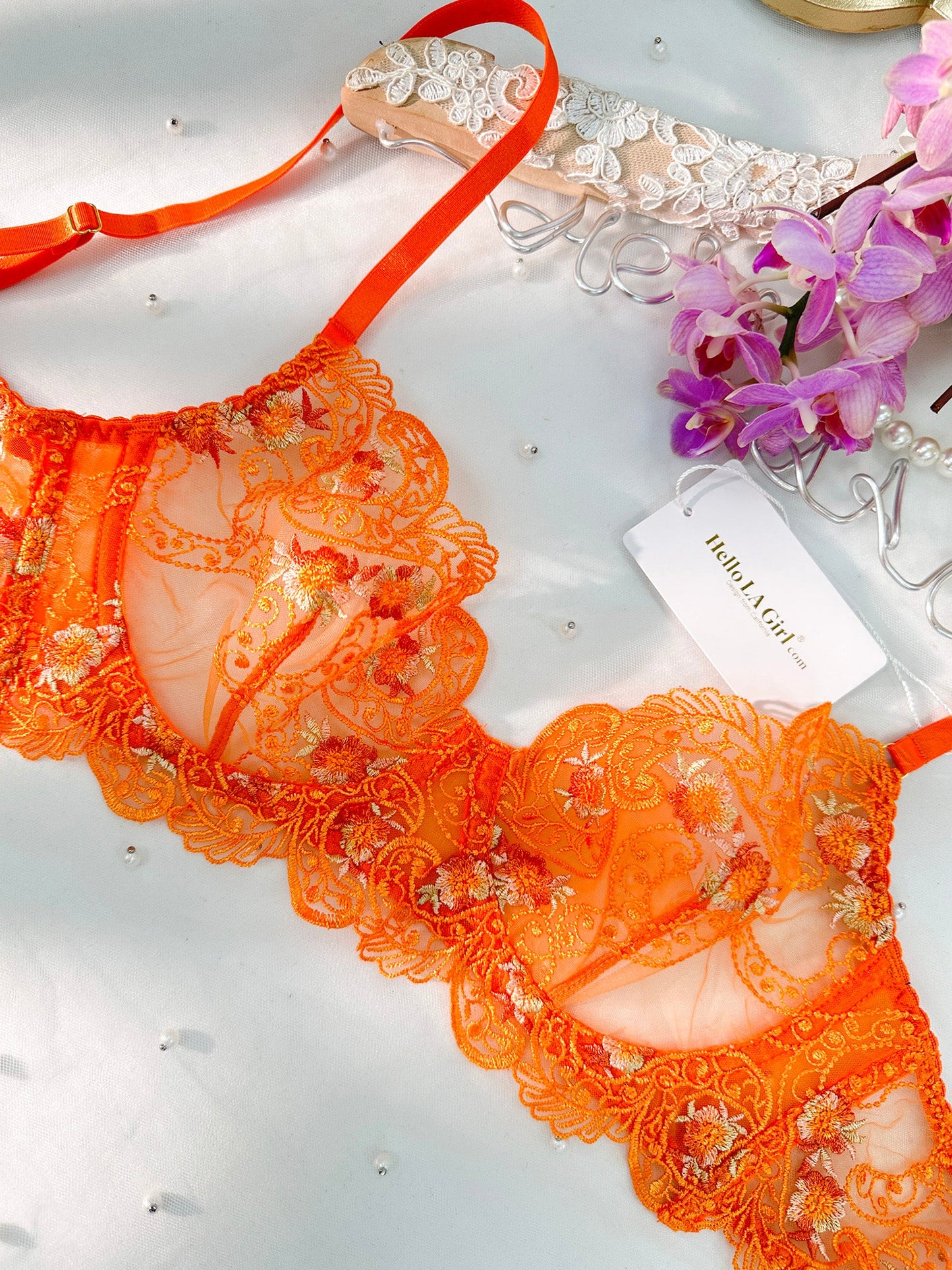 Free Shipping For Orange Floral Embroidery Lingerie Set