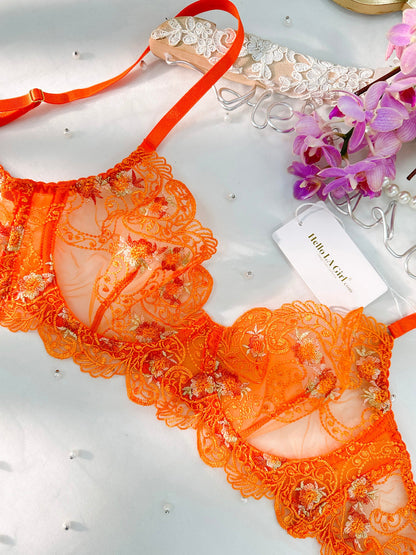 Free Shipping For Orange Floral Embroidery Lingerie Set