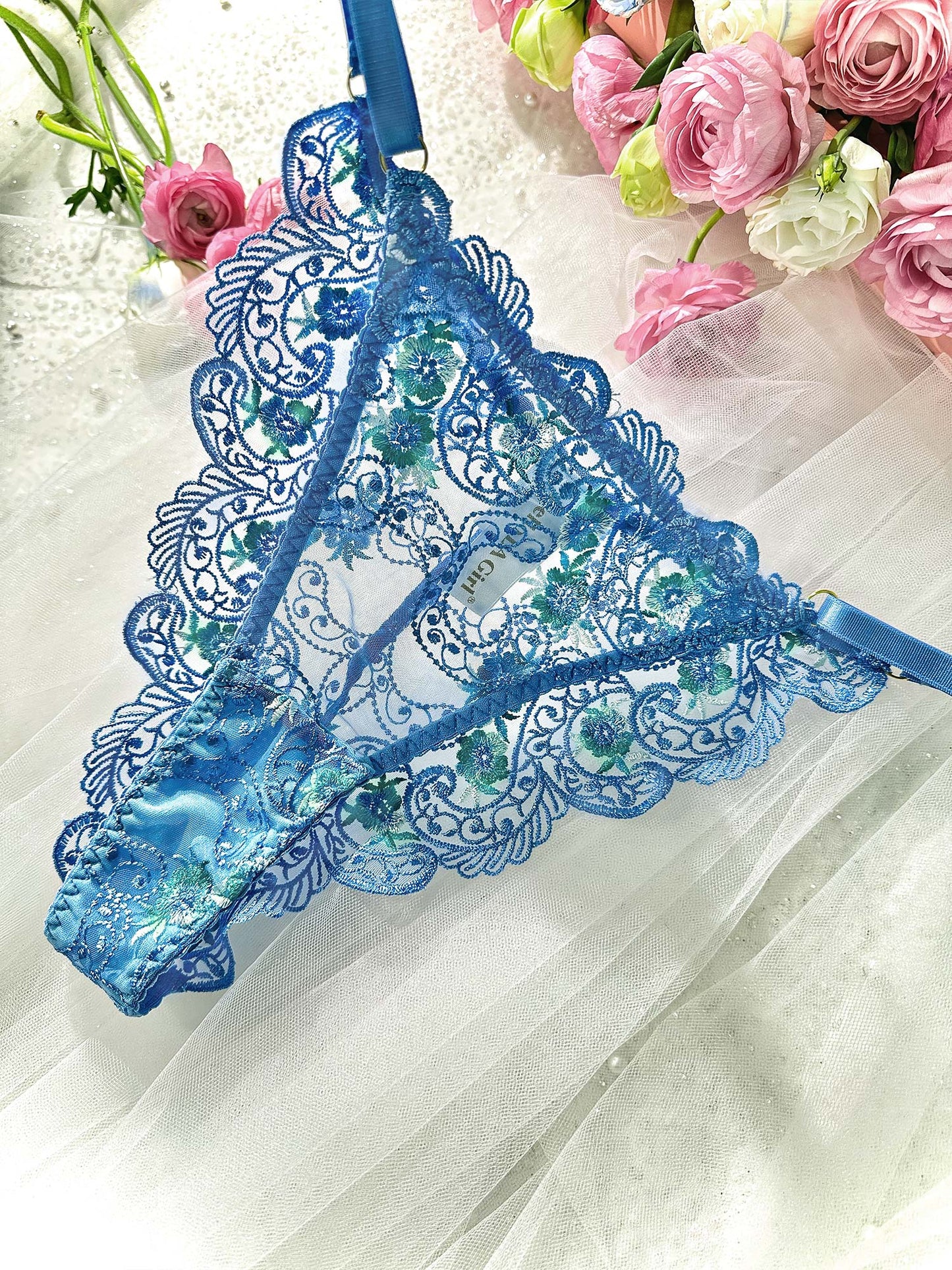 Free Shipping For  Blue  Embroidered Thong