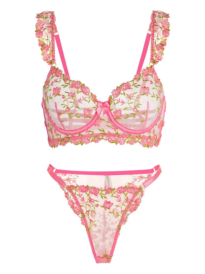 Free Shipping For Sweetness Pink Rose Embroidered Lingerie Set