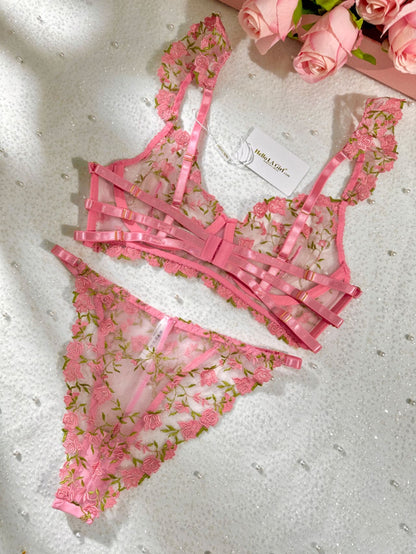 Free Shipping For Sweetness Pink Rose Embroidered Lingerie Set