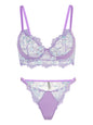 Free Shipping For Lavender Floral Embroidered Satin Push-up Lingerie Set