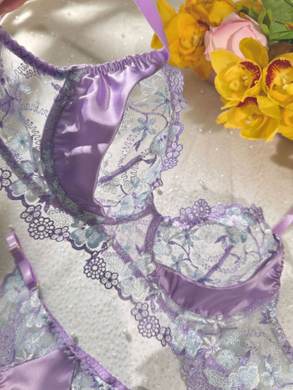 Free Shipping For Lavender Floral Embroidered Satin Push-up Lingerie Set