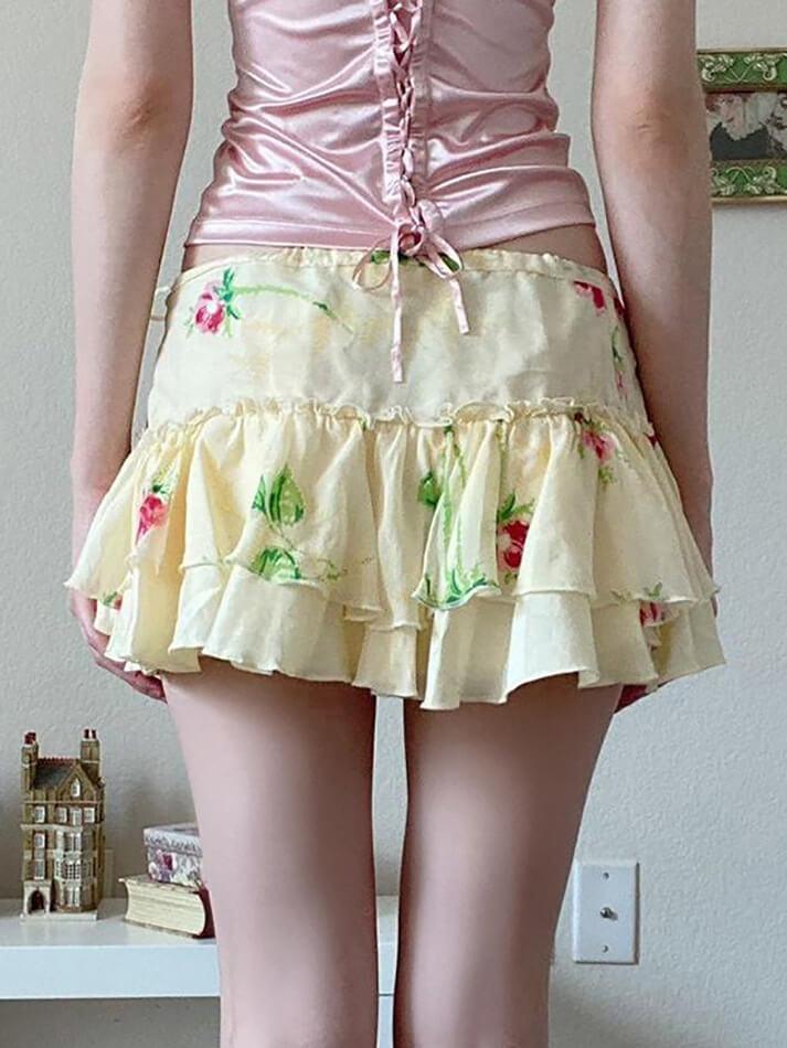 Ruffle Tie Floral Short Skirt