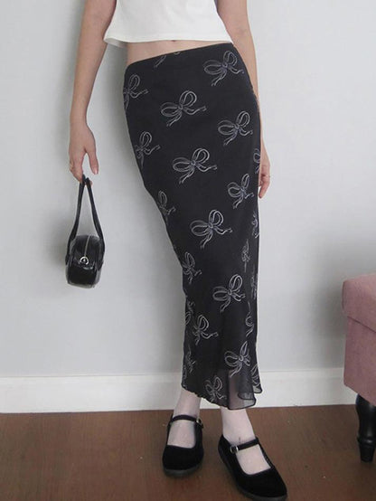 Vintage Bow Print Mesh Midi Skirt