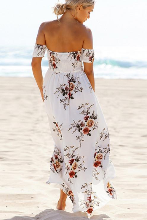 Clearance Off Shoulder Short Sleeves Low High Split Flower Print Long Beach Dress