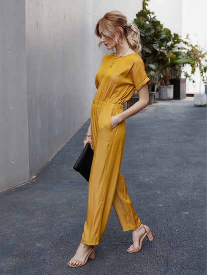 Back Detail Short Sleeve Jumpsuit In Yellow