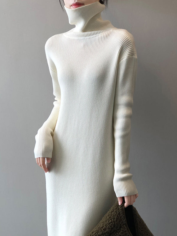 Urban Loose Long Sleeves Split-Side Solid Color High-Neck Sweater Dresses-Homeunderwear