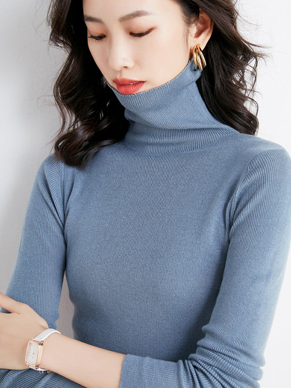 Simple Skinny Long Sleeves Solid Color High-Neck Sweater Tops Pullovers-Homeunderwear