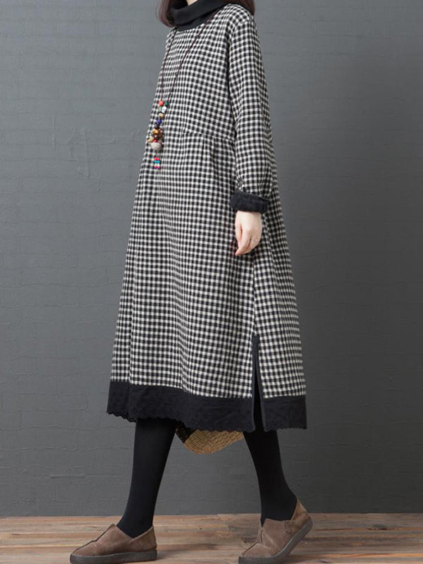 Casual Loose Long Sleeves Plaid High-Neck Padded Midi Dresses