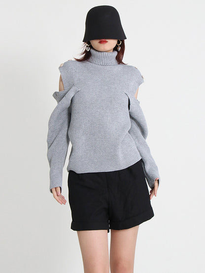 Casual Long Sleeves Loose Hollow Solid Color High-Neck Sweater Tops