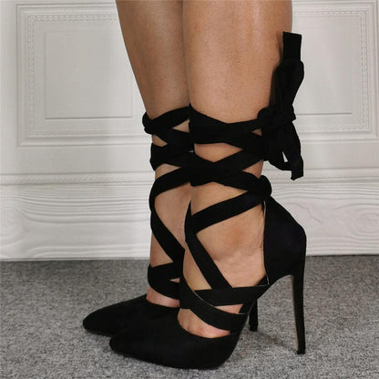 Black Suede Point Toe Ankle Strap High Heel Sandals