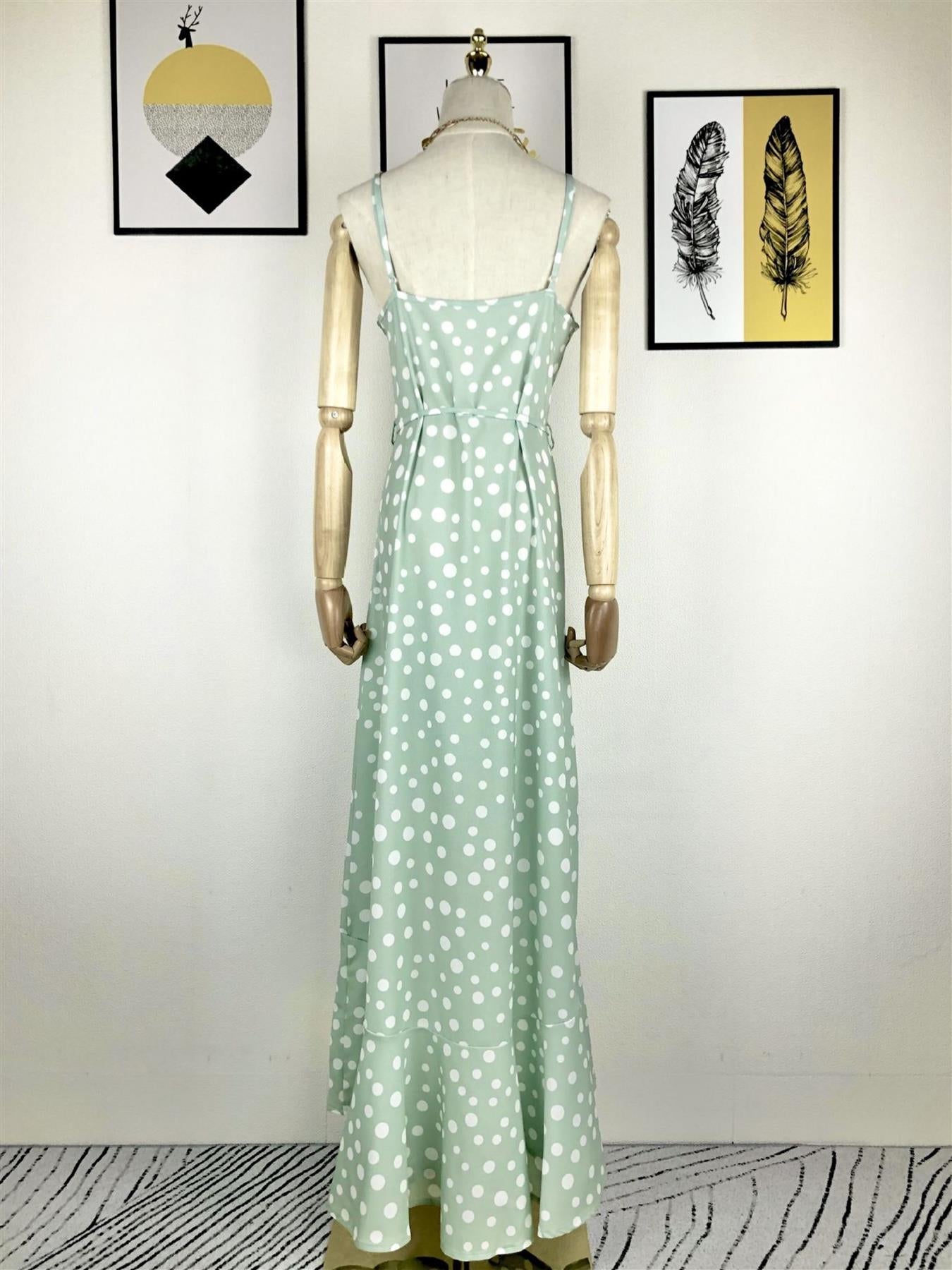 Frill Detail Strappy High Low Dress In Mint With Spot Print