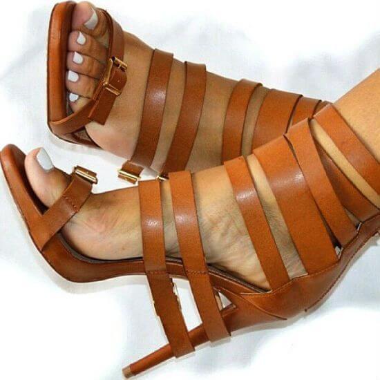 Brown Buckle Cutout Leather High Heel Sandals