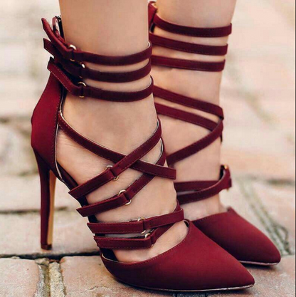 Red Strap Stiletto Suede Ankle High Heels