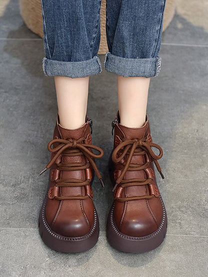 Vintage Cow Leather Wool Boots Platform Shoes