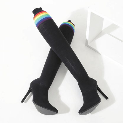 Black Point Toe High Heel Stretch Over Knee Sock Boots