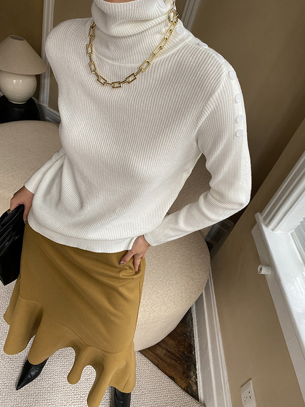 Casual Skinny Long Sleeves Solid Color High-Neck Sweater Tops-Homeunderwear