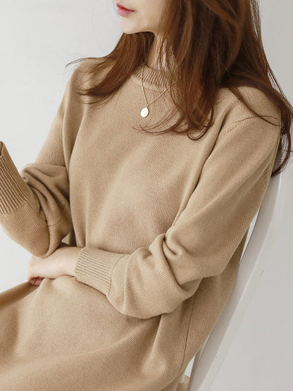 Casual Long Sleeves Loose Solid Color Round-Neck Sweater Dresses-Homeunderwear