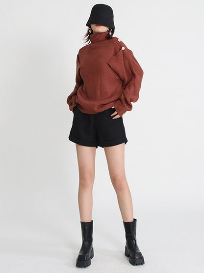 Casual Long Sleeves Loose Hollow Solid Color High-Neck Sweater Tops