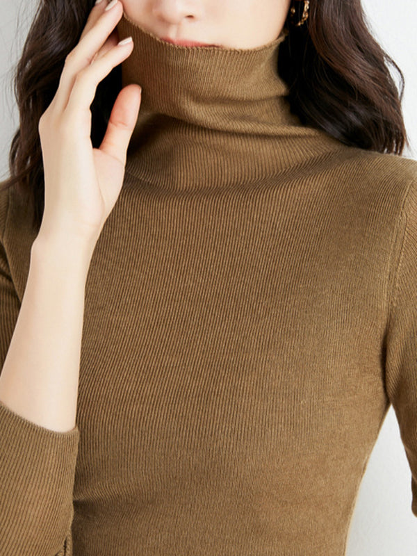 Simple Skinny Long Sleeves Solid Color High-Neck Sweater Tops Pullovers-Homeunderwear