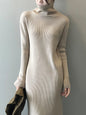 Urban Loose Long Sleeves Split-Side Solid Color High-Neck Sweater Dresses-Homeunderwear