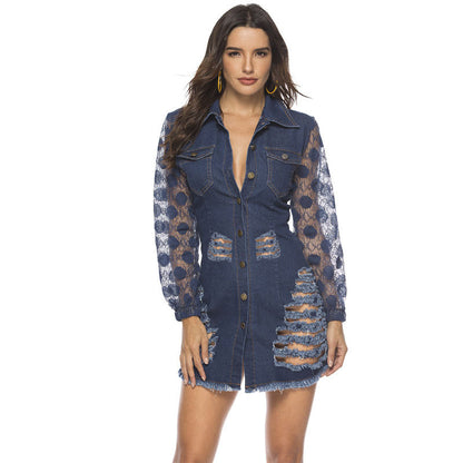 Lace-Trim Denim Ripped Shirt Dress – Casual Women’s Distressed Mini Dress