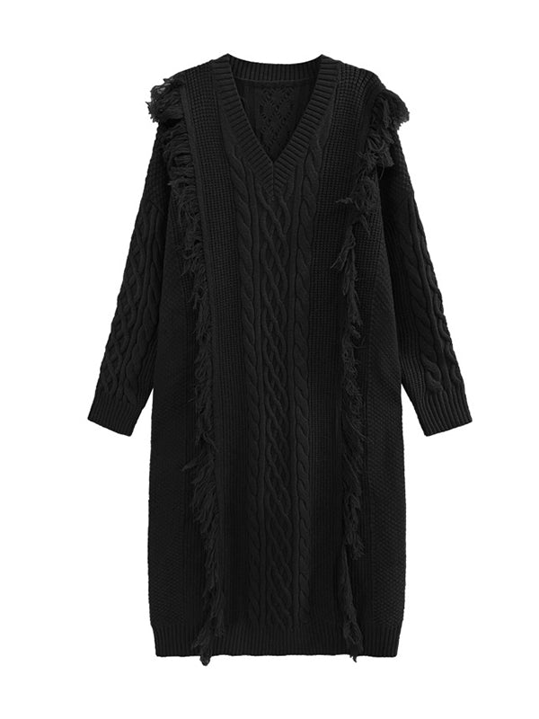 Stylish Selection Loose Long Sleeves Tasseled Jacquard V-Neck Midi Dresses Sweater Dresses