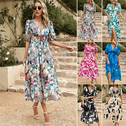 2025 Summer Harvest Waist Cinching V Neck Printed Maxi Dress