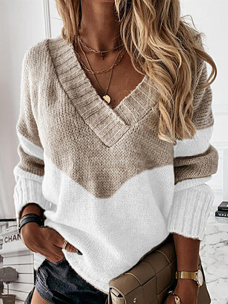 Casual Long Sleeves Loose Contrast Color V-Neck Sweater Tops-Homeunderwear