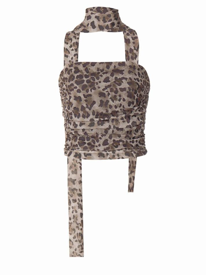 Leopard Print Mesh Halter Tube Top