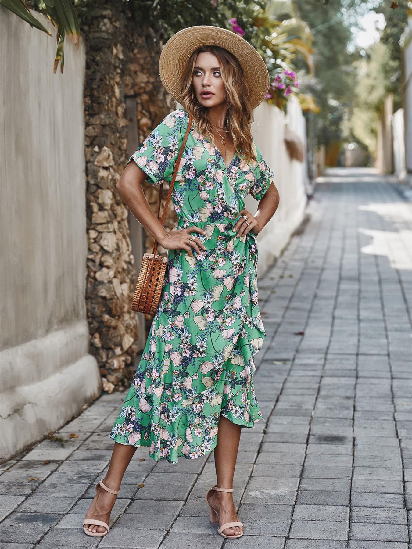 Summer Wrap Midi Dress In Mint Floral Print