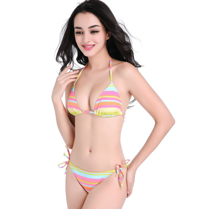 2025 New Rainbow Striped Lace-up Nylon Bikini Swimsuit