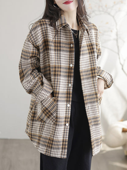 Artistic Retro Loose Long Sleeves Keep Warm Plaid Lapel Collar With Velvet Blouses&Shirts Tops-Homeunderwear