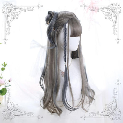 Free Shipping For Hivava Lolita Gray Blue Highlighting Long Curly Wig