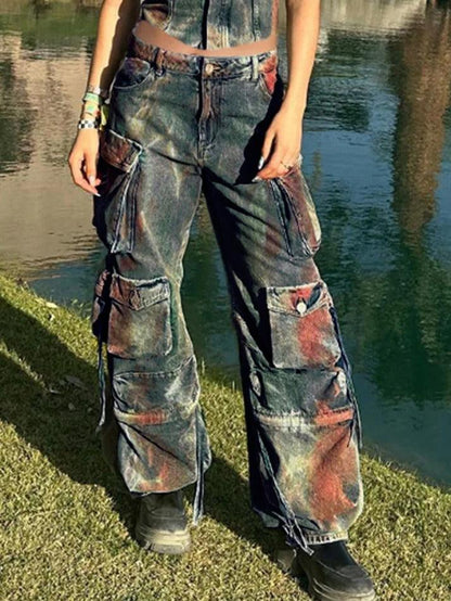 Vintage Tie Dye Multi Pocket Cargo Jeans