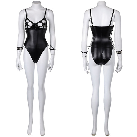 Free Shipping For_lvira: Mistress of the Dark Movie Elvira Women Sexy Leather Jumpsuit Party Carnival Halloween Cosplay Costume