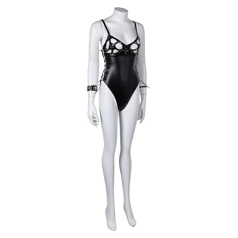 Free Shipping For_lvira: Mistress of the Dark Movie Elvira Women Sexy Leather Jumpsuit Party Carnival Halloween Cosplay Costume