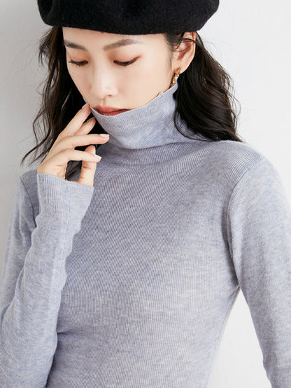 Simple Skinny Long Sleeves Solid Color High-Neck Sweater Tops Pullovers-Homeunderwear