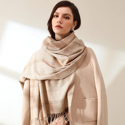 Imitated Cashmere Warm Plaid Tassled Shawl Scarf