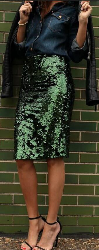 Fantasy Glossy Sequins Bodycon Pencil Knee-Length Skirt