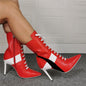 Red PU Point Toe Strap High Heel Calf Boots