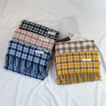 Contrast Color Plaid Imitated Cashmere Tassled  Shawl Scarf