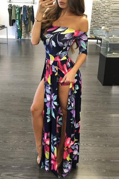 Clearance Off Shoudler Short Sleeves Floral Print Long Split Dress