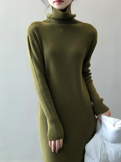 Urban Loose Long Sleeves Split-Side Solid Color High-Neck Sweater Dresses-Homeunderwear