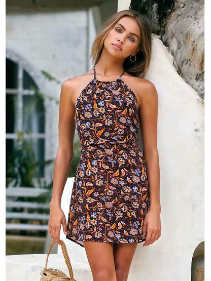 Summer Strappy Flowy Mini Dress In Black Floral Print