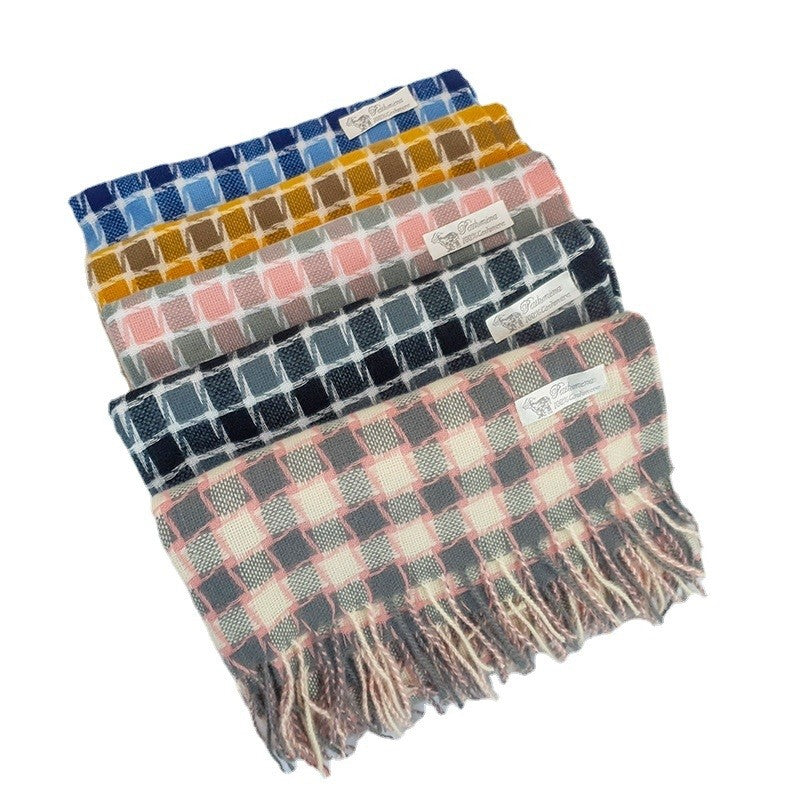 Contrast Color Plaid Imitated Cashmere Tassled  Shawl Scarf