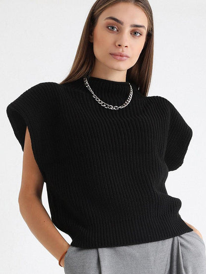 Casual Cap Sleeve Solid Color High-Neck Sweater Tops Pullovers-Homeunderwear