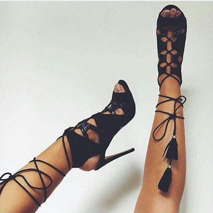 Black Strap Fringe Cutout High Heel Sandals