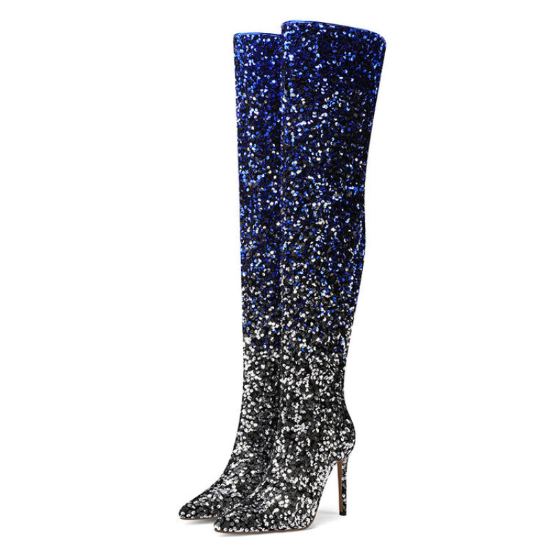 Gradient Sequin Side Zip Over-the-Knee Boots-Homeunderwear